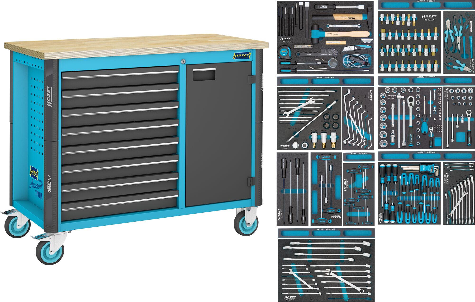 HAZET Werkbank ∙ fahrbar ∙ i 179NW ∙ Sortiment 179NW-8/244 ∙ 244-teilig ∙ Schubladen, flach: 8 x 81 x 522 x 398 mm