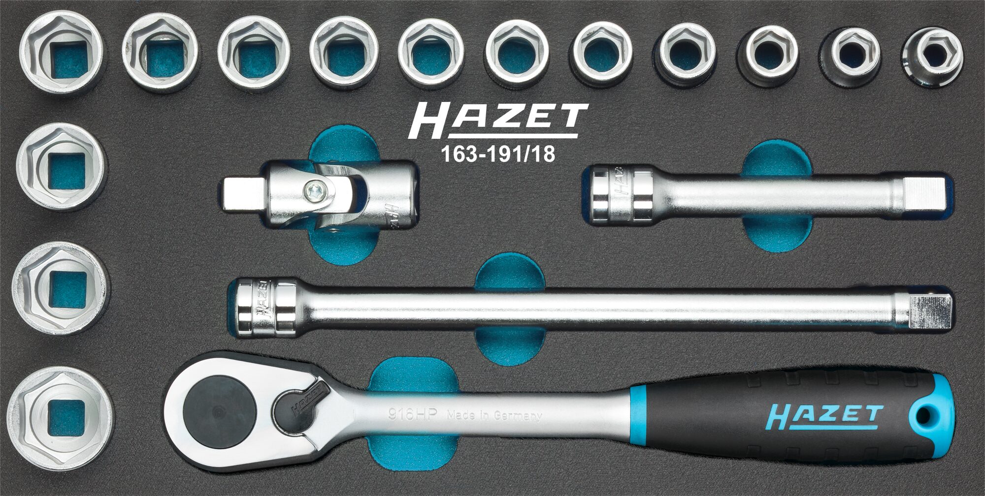 HAZET Steckschlüssel Satz 163-191/18 ∙ 1/2 Zoll (12,5 mm) Vierkant∙ Außen Sechskant-Tractionsprofil ∙ 18-teilig ∙ 10 ∙ 11 ∙ 12 ∙ 13 ∙ 14 ∙ 15 ∙ 16 ∙ 17 ∙ 18 ∙ 19 ∙ 21 ∙ 22 ∙ 24 ∙ 27