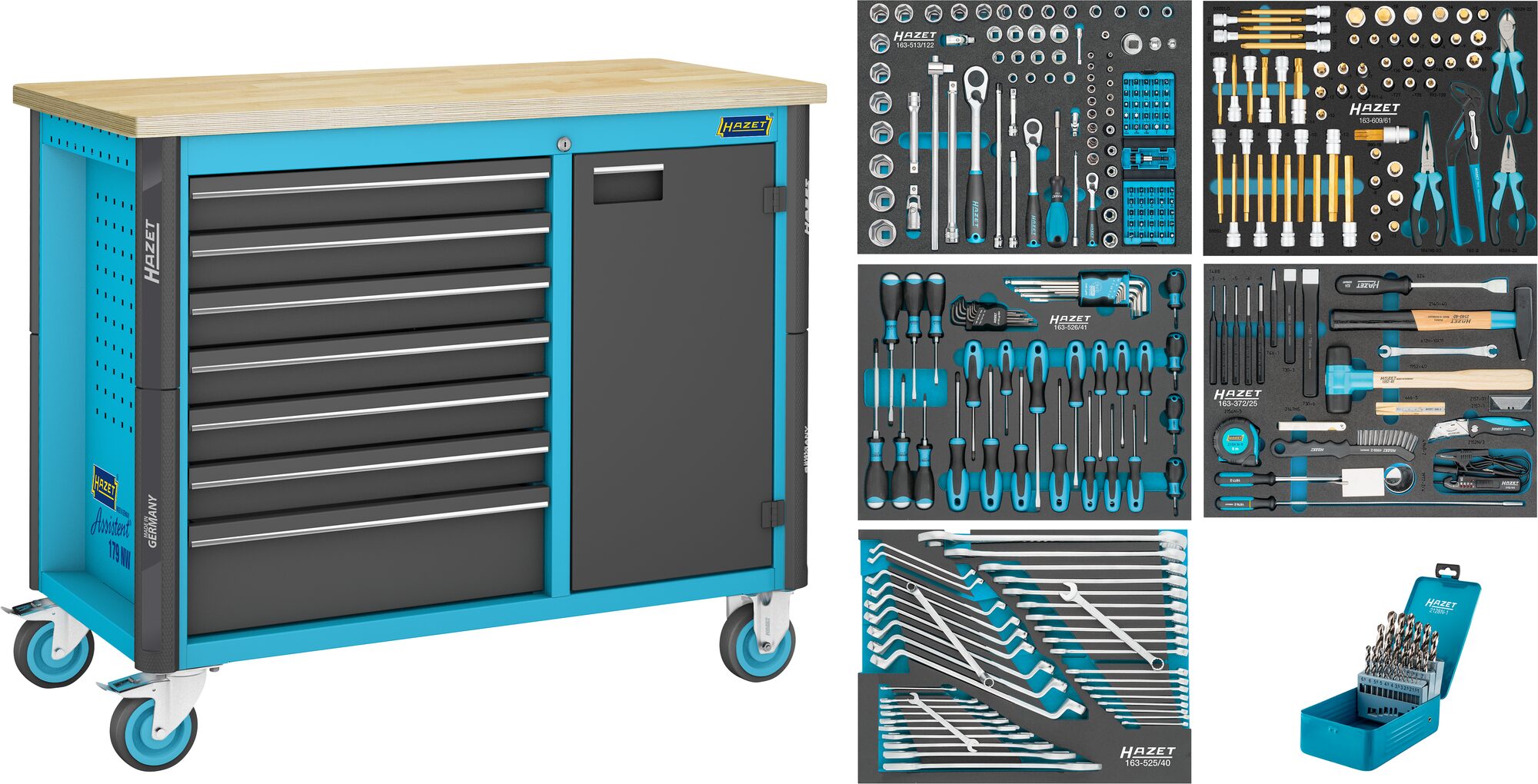 HAZET Werkbank ∙ fahrbar ∙ i 179NW ∙ Sortiment 179NW-7/314 ∙ 314-teilig ∙ Schubladen, flach: 6 x 81 x 522 x 398 mm ∙ Schubladen, hoch: 1 x 166 x 522 x 398 mm