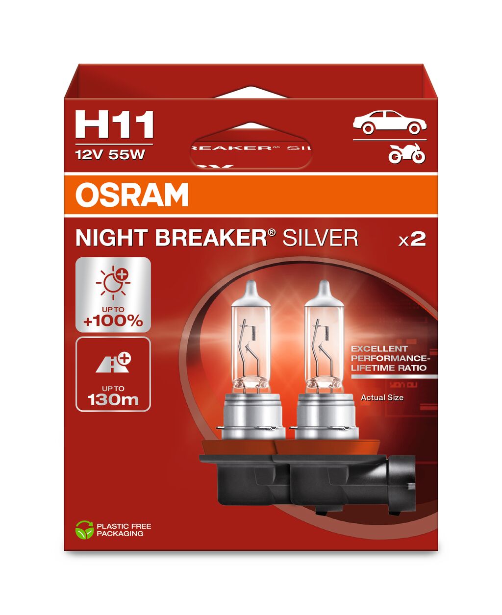 H11 12V 55W PGJ19-2 NIGHT BREAKER® SILVER +100% 2 St. OSRAM