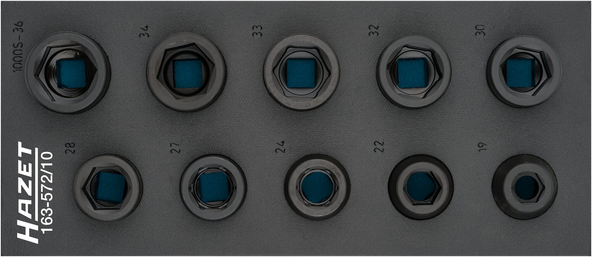 HAZET Schlag-, Maschinenschrauber Steckschlüsseleinsatz Satz 163-572/10 ∙ 3/4 Zoll (20 mm) Vierkant∙ Außen Sechskant Profil ∙ 10-teilig ∙ 19 ∙ 22 ∙ 24 ∙ 27 ∙ 28 ∙ 30 ∙ 32 ∙ 33 ∙ 34 ∙ 36