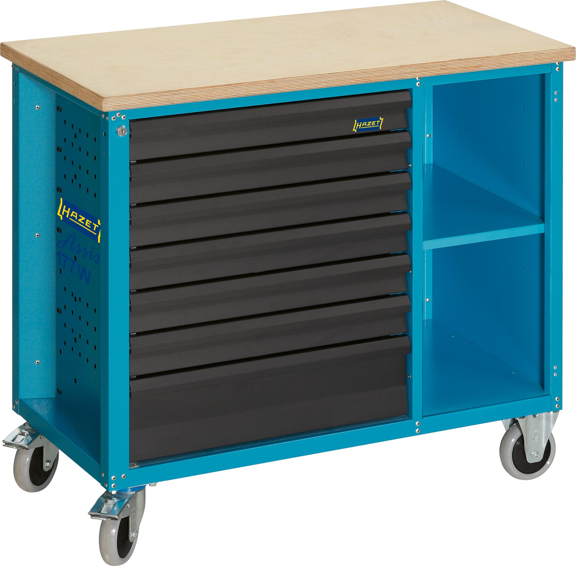 HAZET Werkbank ∙ fahrbar ∙ i 177W ∙ einzeln 177W-7 ∙ L x B x H: 1040 x 520 x 934 mm ∙ Schubladen, flach: 6 x 79 x 527 x 348 mm ∙ Schubladen, hoch: 1 x 164 x 527 x 348 mm