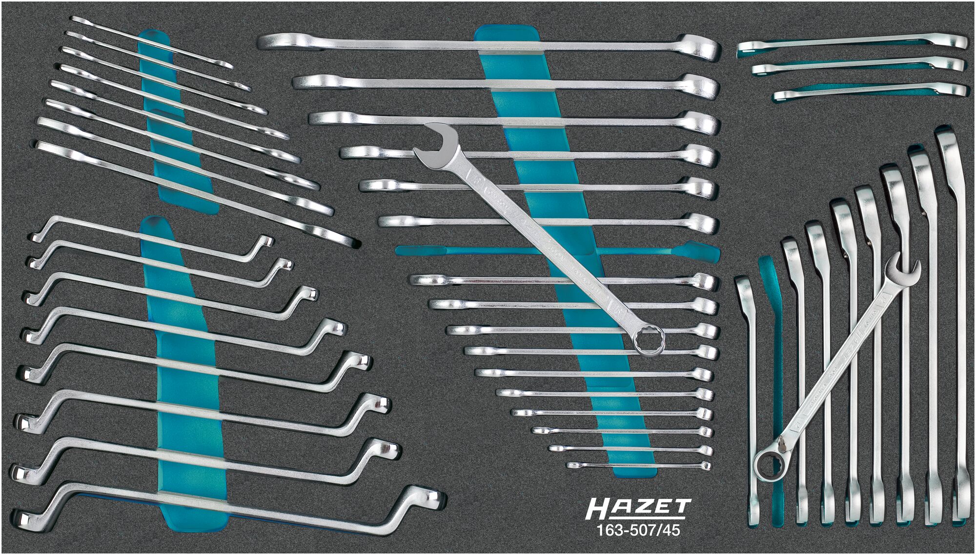 HAZET Schraubenschlüssel Satz 163-507/45 ∙ Außen Doppelsechskant-Tractionsprofil, Außen Sechskant Profil ∙ 45-teilig ∙ 6 – 24