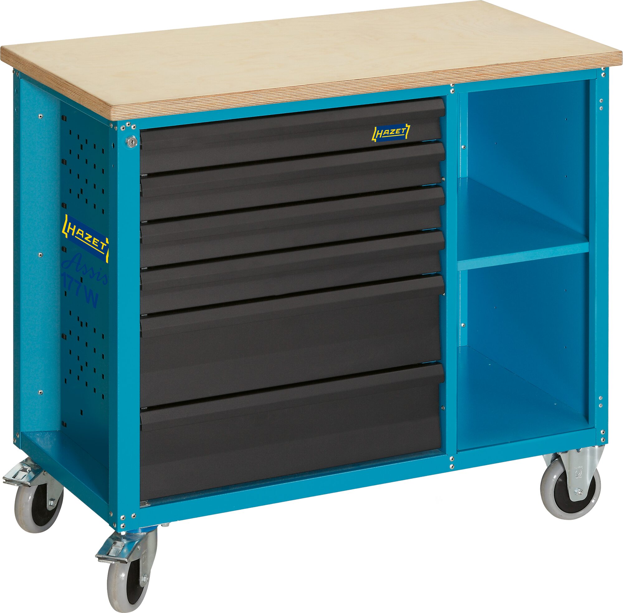 HAZET Werkbank ∙ fahrbar ∙ i 177W ∙ einzeln 177W-6 ∙ L x B x H: 1040 x 520 x 934 mm ∙ Schubladen, flach: 4 x 79 x 527 x 348 mm ∙ Schubladen, hoch: 2 x 164 x 527 x 348 mm