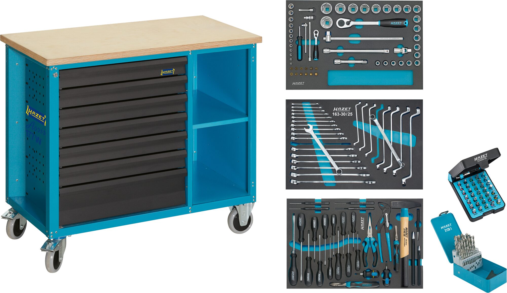 HAZET Werkbank ∙ fahrbar ∙ i 177W ∙ Sortiment 177W-7/169 ∙ 169-teilig ∙ Schubladen, flach: 6 x 79 x 527 x 348 mm ∙ Schubladen, hoch: 1 x 164 x 527 x 348 mm