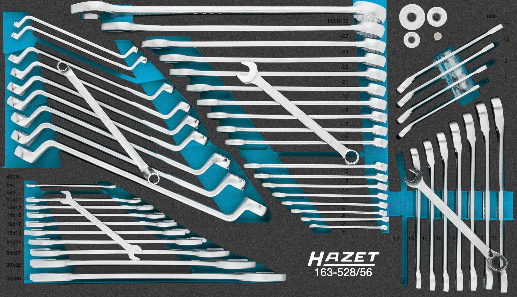 HAZET Schraubenschlüssel Satz 163-528/56 ∙ Außen Sechskant Profil, Außen Doppelsechskant-Tractionsprofil ∙ 56-teilig ∙ 6 x 7 – 34 x 36