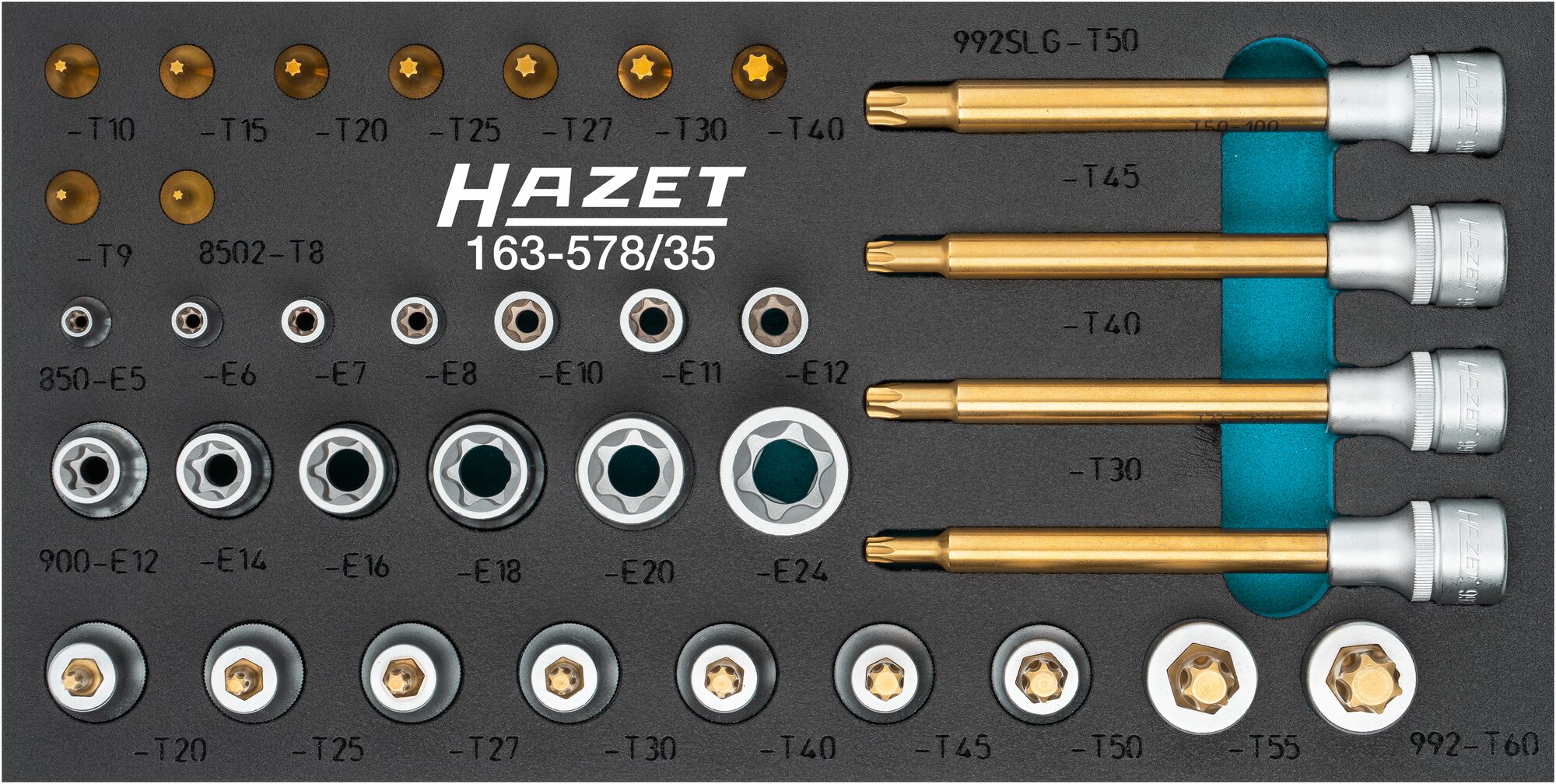 HAZET Schraubendreher-Steckschlüsseleinsatz Satz ∙ TORX® 163-587/35 ∙ 1/4 Zoll (6,3 mm) Vierkant , 1/2 Zoll (12,5 mm) Vierkant∙ Außen TORX® Profil, Innen TORX® Profil ∙ 35-teilig ∙ E6 – E24 ∙ T8 – T50